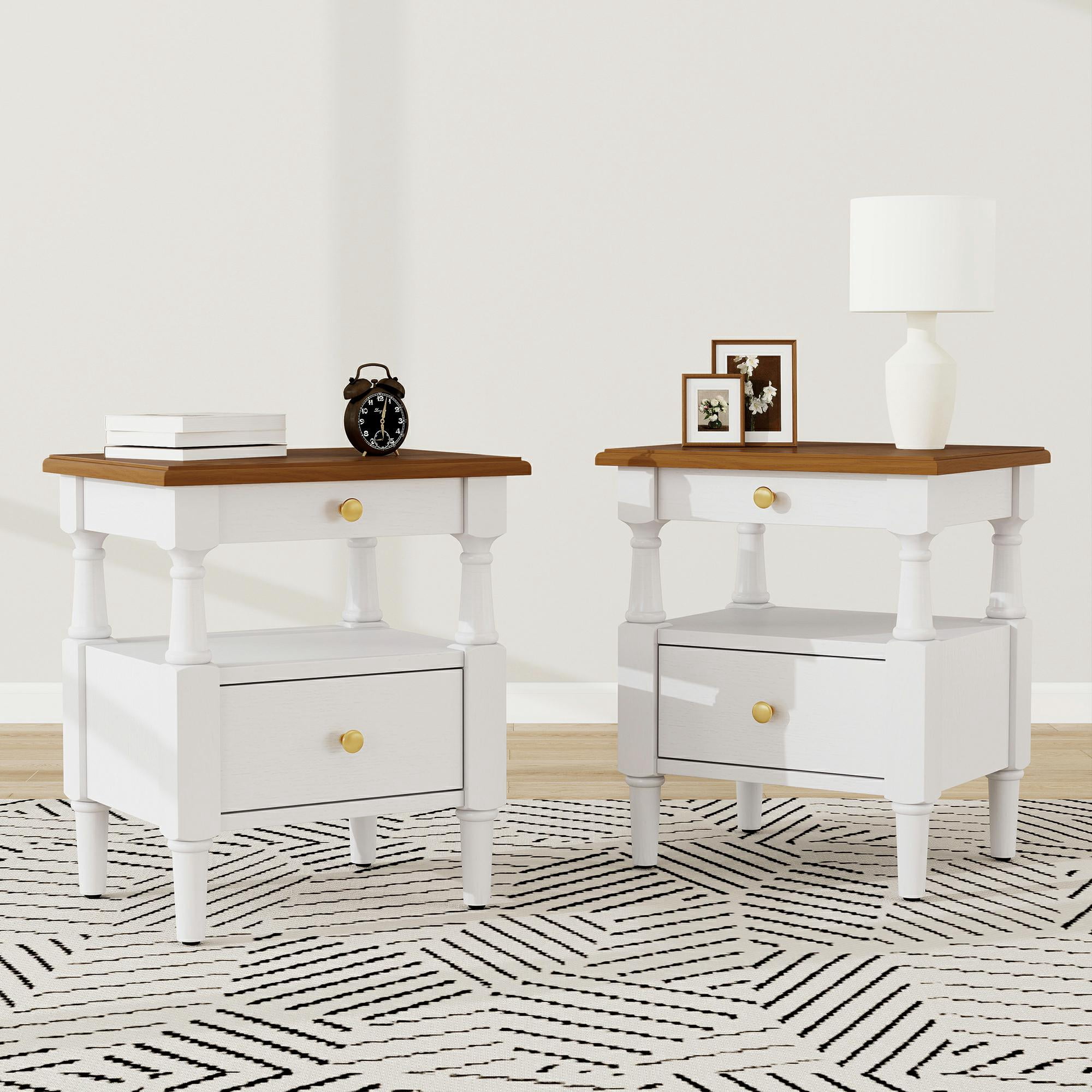 GOWE Modern Nightstand Set of 2 White Wooden Bedroom Night Stands Bedside Table Natural Texture: This nightstand with drawers features a simple design and a naturally textured wood surface that giv