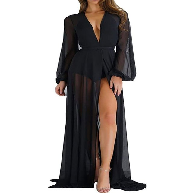 Robe Transparente pour Femmes en Mousseline, Cache-Bikini à Manches Longues, Décolleté en V Profond