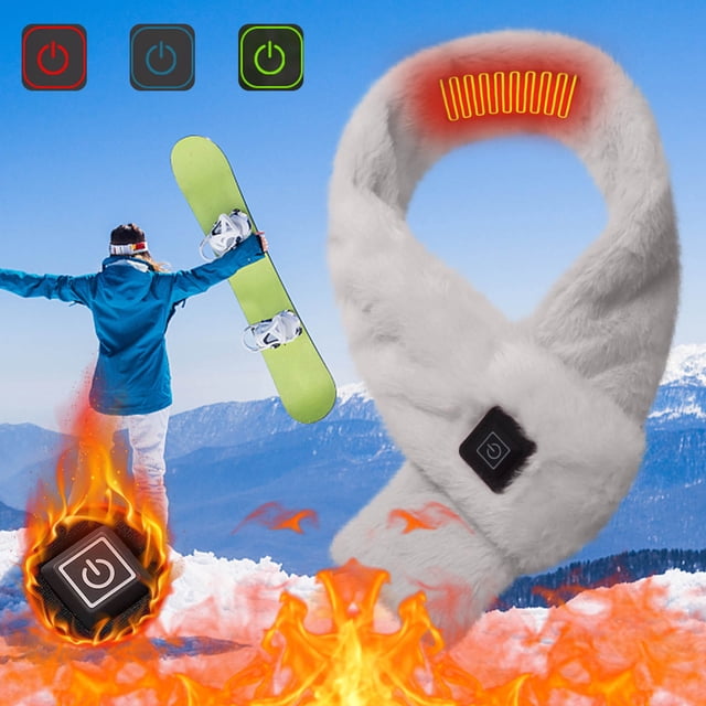 EGNMCR Camping & Hiking Heating Scarf USB Electric Heating Neck Protection Cold Invisible Zipper Scarf in white mink fleece. The scarf includes a USB-powered heating element with three-speed temperature control, indicated by red, blue, and green buttons for different heat levels. A visible power button allows easy operation. The background features a snowy mountain with a snowboarder, showcasing its use for winter activities. Flames and heat graphics emphasize its warming capabilities.