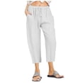thumbnail image 1 of Women Casual Solid Cotton Linen Drawstring Elastic Waist Wide Leg Pants Cropped Trousers, 1 of 6
