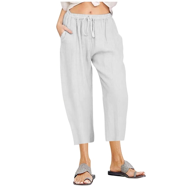 Women Casual Solid Cotton Linen Drawstring Elastic Waist Wide Leg Pants Cropped Trousers