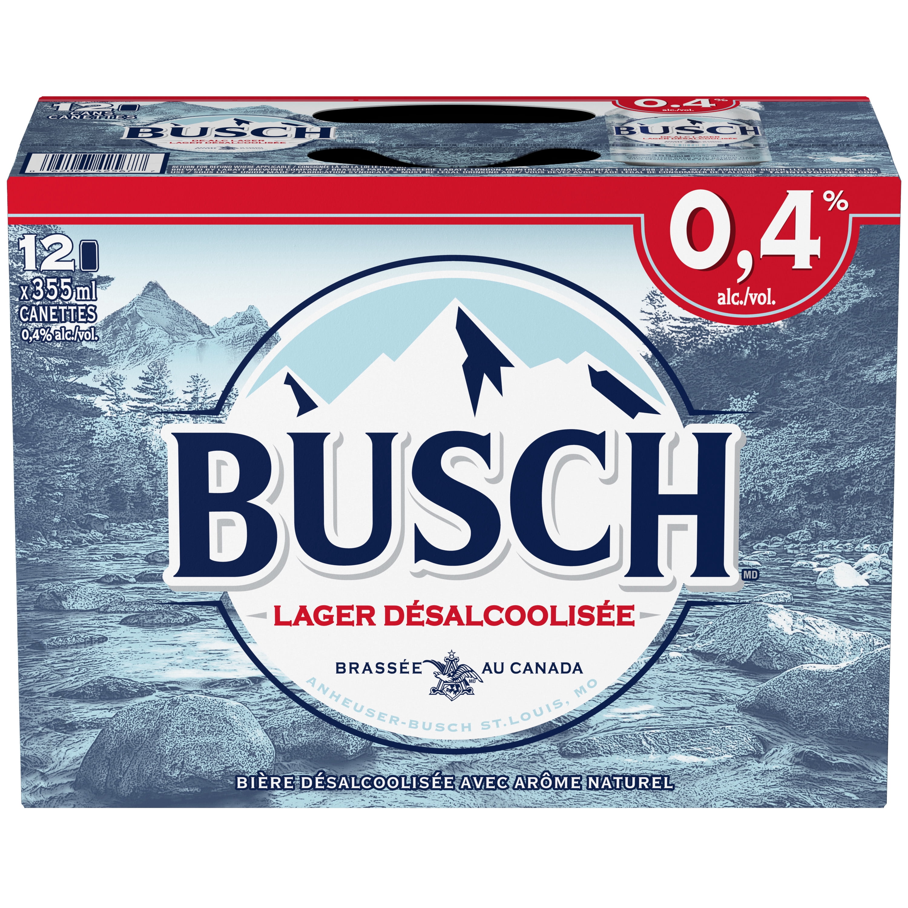 Busch De-alcoholized Beer, 355mL Cans, Smooth Taste, 0.4% Alcoholic Beer