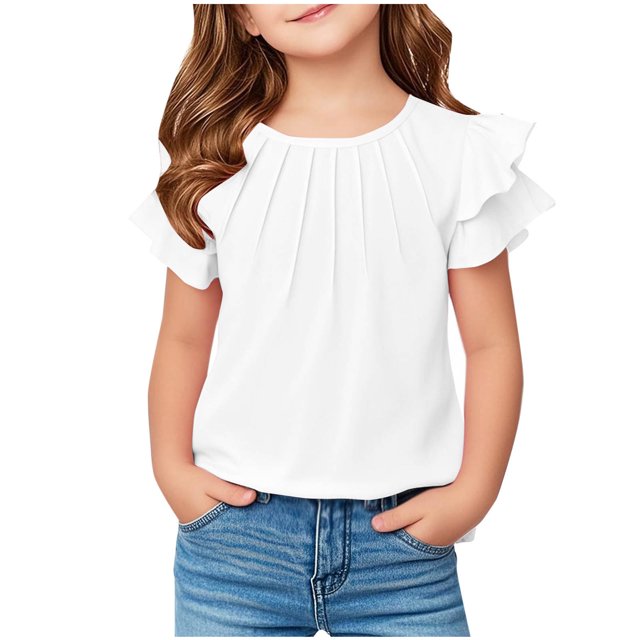 Yanlir 2025 Chemises d'Été pour Enfants Manches Raglan T-Shirt Graphique à Manches Courtes Haut à Col Rond T-Shirt pour Filles Tee Ample Décontracté Hauts (Blanc#1, 11 Ans)