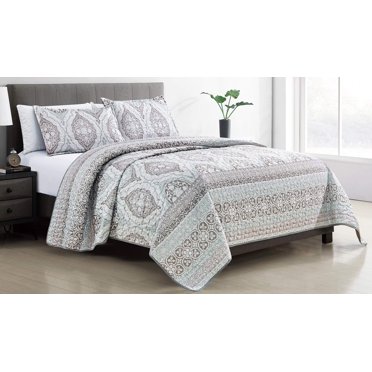 GrandLinen - 3-Piece Fine Printed Oversize (118 X 95) Quilt Set Reversible Bedspread Coverlet (California) Cal King Size Bed Cover (Aqua Blue Green, Light Grey Brown Floral Medallions)