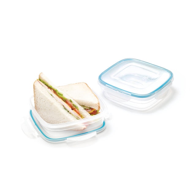 Starfrit LocknLock Easy Match Square Food Storage Container Set, 2 x 19oz (550 mL), Transparent, with Lids. Pair of transparent square 19 oz (550 mL) containers with Easy Match color-coded lids, nestable and stackable with airtight, leakproof lids; microwave-, freezer- and dishwasher-safe. Often used for spices or small craft components.