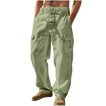 Plebaso Pantalon Cargo en Coton et Lin pour Hommes, Pantalon à Taille Élastique avec Poches, Pantalon Décontracté de Plage pour Hommes