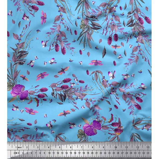 Soimoi Toile de Coton Bleu Insectes, Roses et Feuilles Tissus Imprimés par Yard 42 Pouces de Large