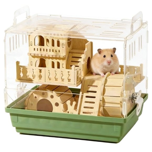 Solid Wood Acrylic Hamster Cage Large Space with Feeding Box & Accessories