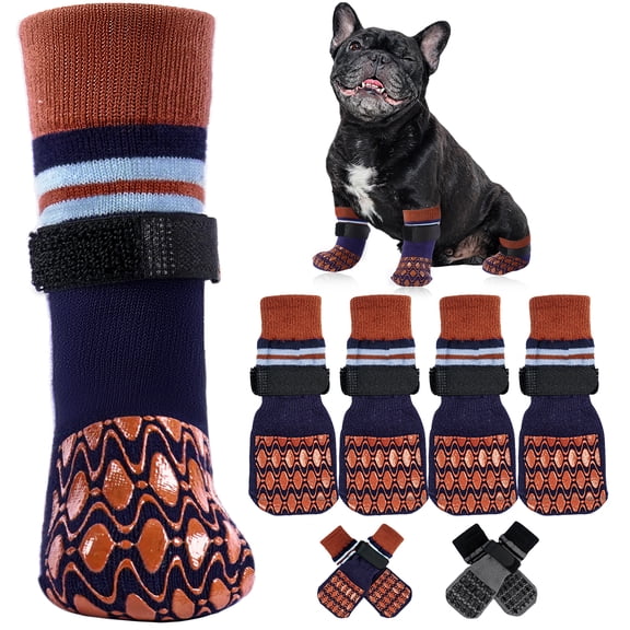 Kuoser Anti-Slip Dog Socks with Double-Sided Traction, 4 Pack Pet Booties for Senior, Dog Paw Protector for Hardwood Floors, Hot Pavement and hot/icy surfaces, Brown, S