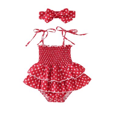 JHLZHS Barboteuse Bébé Fille Robe 3-6 Mois Filles Sans Manches Imprimés Étoiles Jour de l'Indépendance 4 Juillet Barboteuse Bodysuits Bandeaux Ensemble Vêtements d'Hiver Nouveau-Né Bébé Fille Barboteuse Habillée