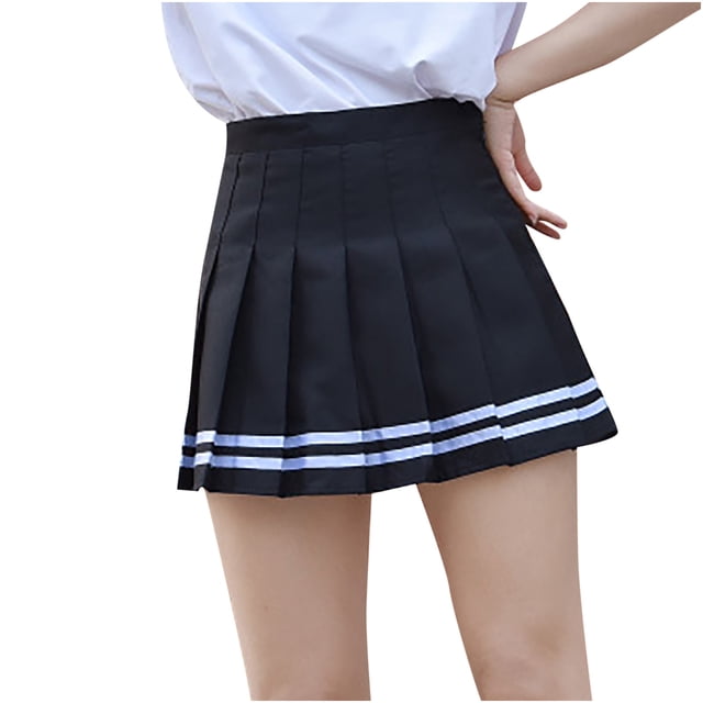 Jovati Jupe Trapèze Plissée Taille Haute pour Femme en Noir Uni, Taille P. Ce Bas pour Femme Présente un design Taille Haute avec des Plis Structurés et Deux Rayures Horizontales Blanches Près de l'Ourlet, Idéal pour le Printemps et l'Automne. Fabriqué en polyester, Offre une texture Lisse et Aérée Convient aux occasions Décontractées, de Fête Ou de Travail. le Modèle Est Montré Portant la Jupe Assortie à un Haut Blanc.
