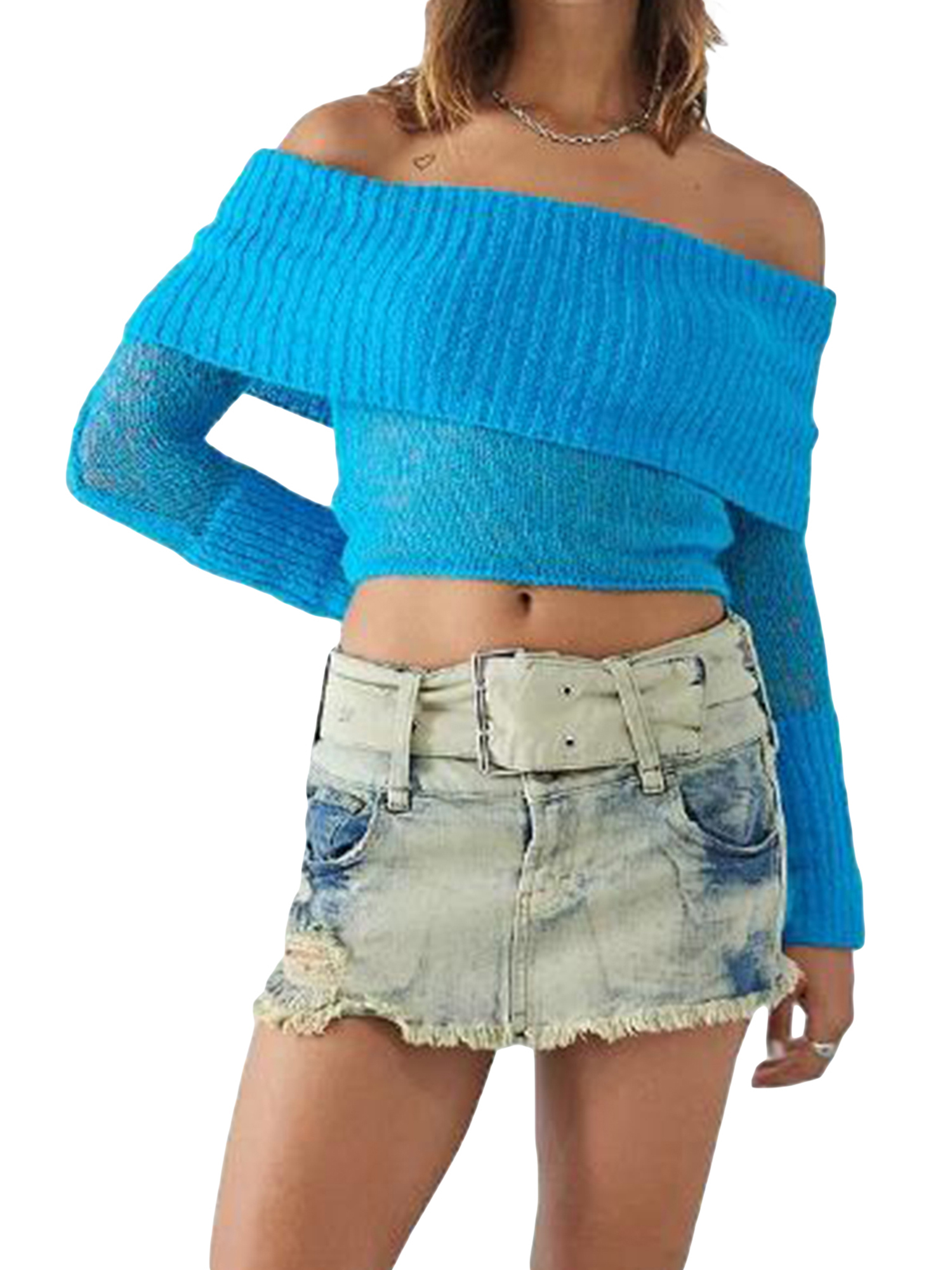 Fortune Women Off Shoulder Sweater Mesh Knit Cropped Pullover Solid Color Long Sleeve Slim Fit Crop Top