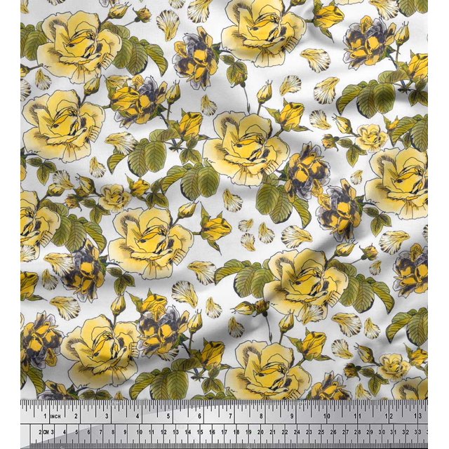 Soimoi Yellow Rayon Fabric Leaves & Floral Print Fabric by Yard 42 Inch Wide