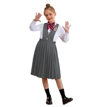 Moggemol Robe d'Uniforme Scolaire pour Filles Sans Manches à Col en V Plissée Style Preppy Robe Chandail avec Chemises à Manches Longues Gris 130