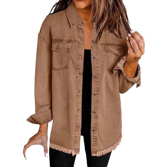 Yubnlvae Veste-Chemise en Denim Brun Délavé Mode Décontractée pour Femme, G
