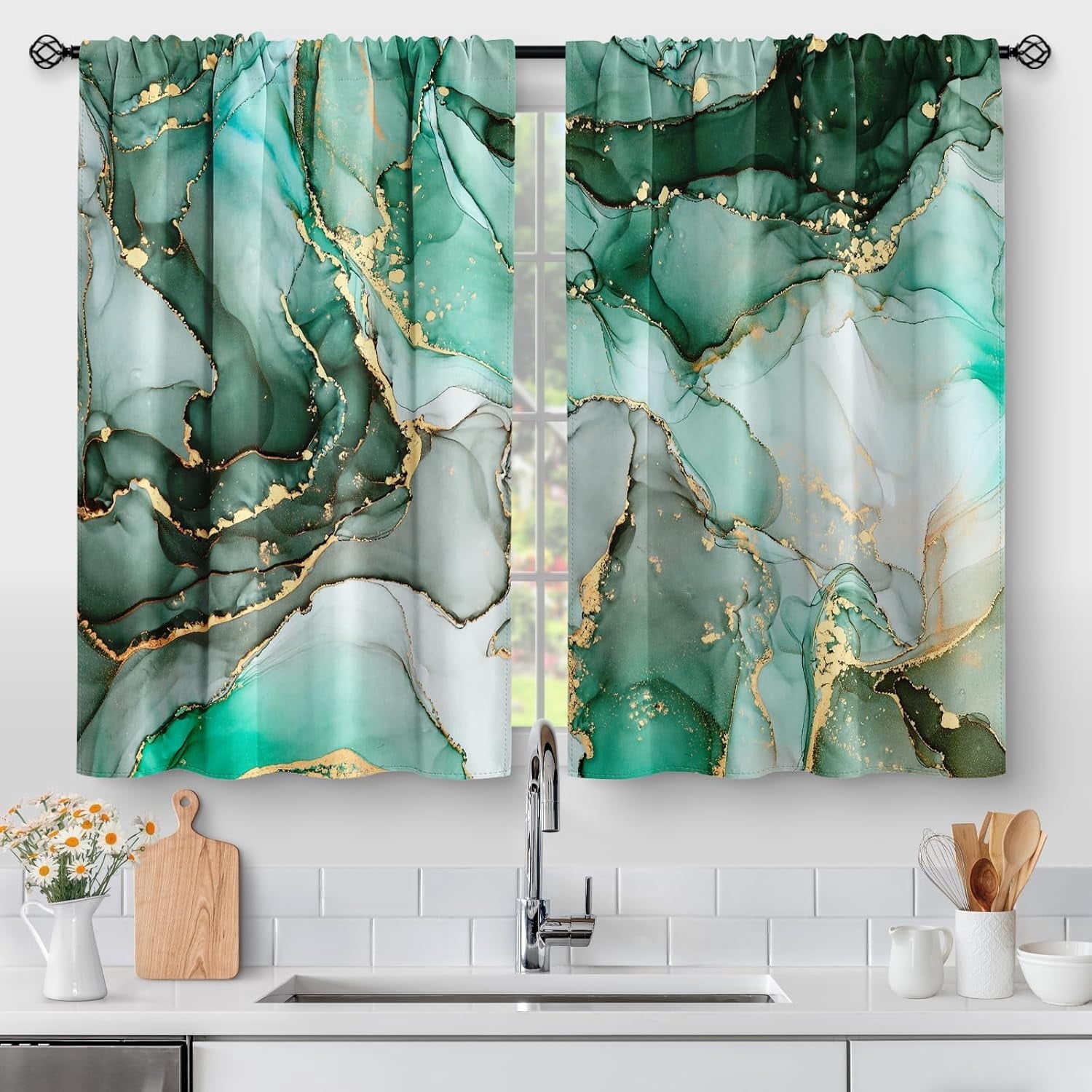 Green Marble Kitchen Curtains - Abstract Art Country Modern Short Cafe Tier Curtains Decor for Living Dining Room Bathroom Creative Texture Rod Pocket Window Drapes 2 Panels Set 28"x24"