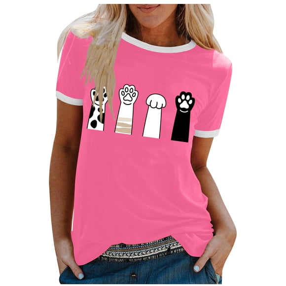 LUOGENLI Female T-shirts for Womens Women Casual Crew Neck Blouse Short Sleeve Stitching Color Cat Scratch Printing Pattern T Shirt Holiday Top Womens T-shirts Graphic Tees Vintage Summer Clothes XL