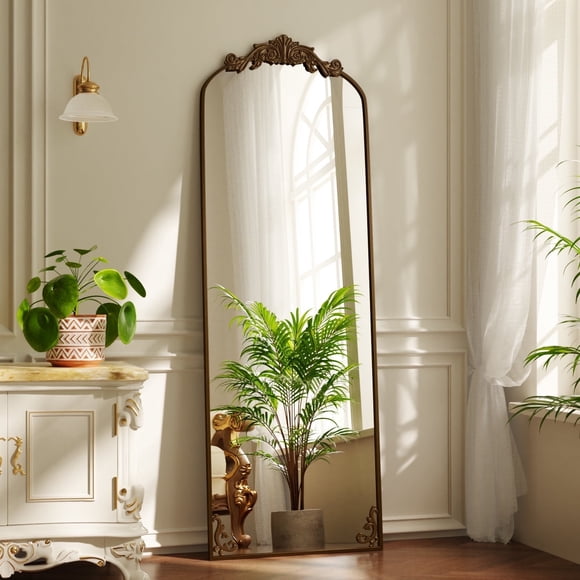 BEAUTYPEAK 65"x21" Arched Full Length Mirror Metal Vintage Mirror Baroque Style,Antique Gold