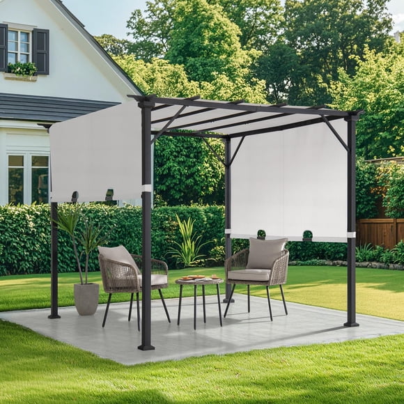 Sunjoy 9 x 9 ft. Pergola Gazebo, Outdoor Patio Matte Black Steel Classic Frame Pergola with Retractable White Canopy Shade for Backyard, Garden Activities, White