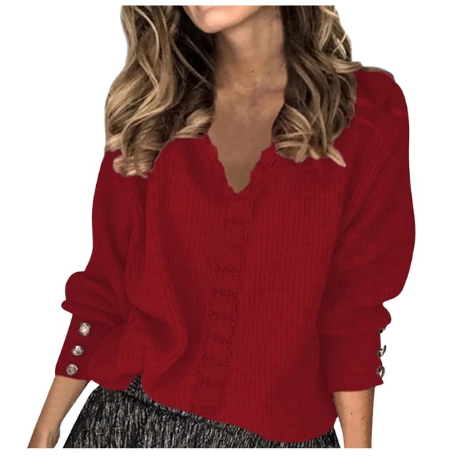 WUANDIXFA Womens Sweaters Fall Winter Clothes Women Solid Color V Neck Lace Stitching Buttons Long Sleeves Sweater Wine,M
