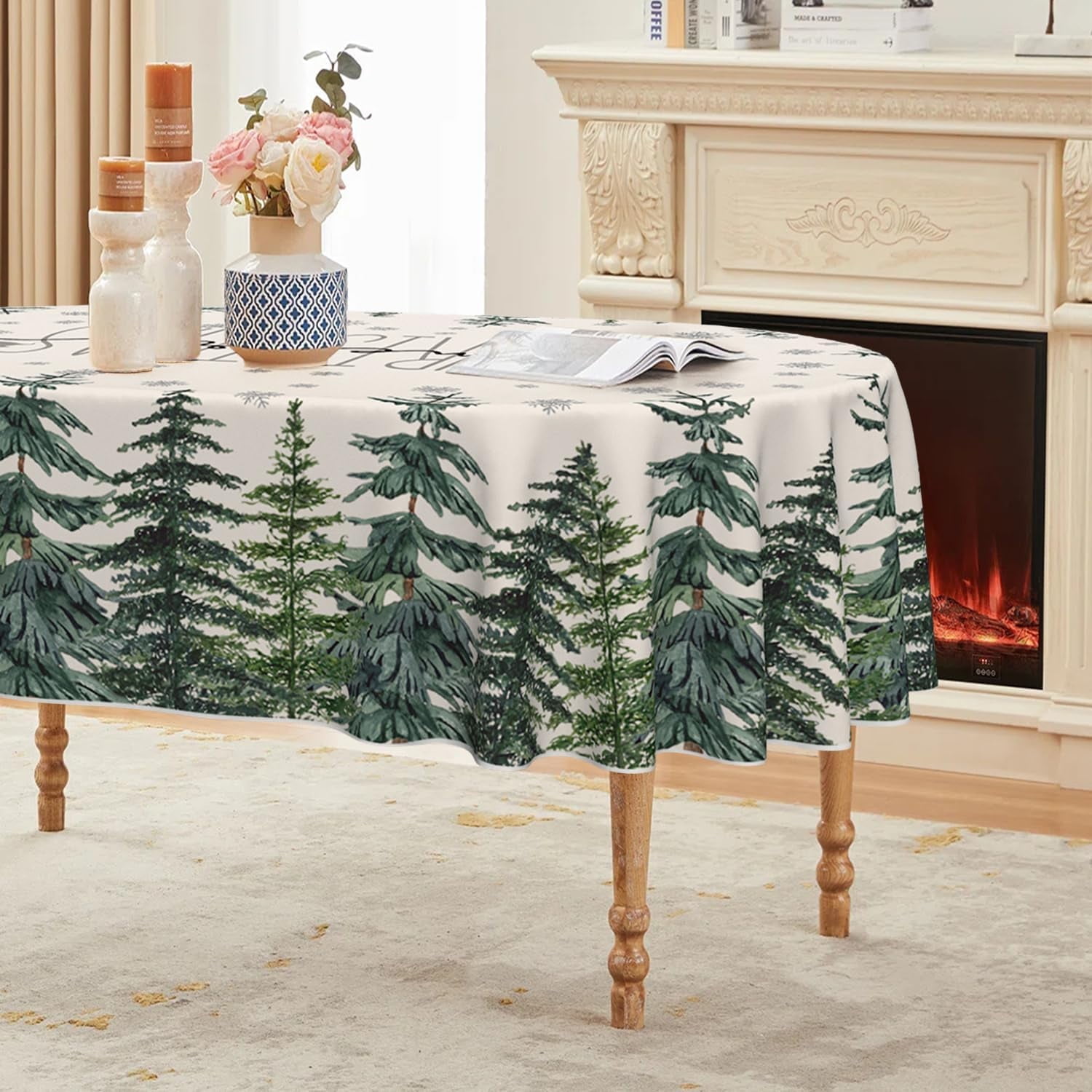 Christmas Tablecloth 60×104 Inch Oval, Winter Snow Trees White Washable Table Cover for Party Picnic Dinner Decor