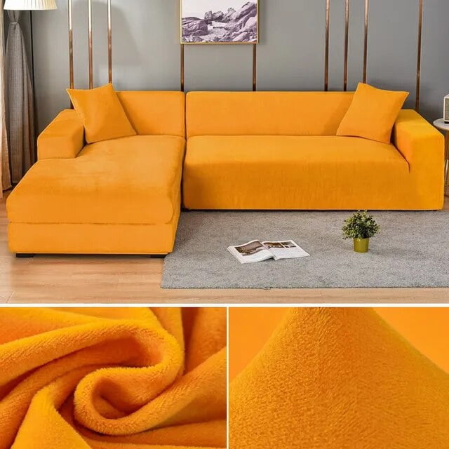 Velvet Sofa Cover Thick Elastic 1/2/3/4 Seater Sofa Cover for Living Room Velvet Plush L Shaped Corner Sofa Cover Couch Cover in vibrant orange. The slipcover features a soft velvet texture and elastic fit, designed to protect furniture and accommodate various sofa sizes and configurations. Displayed in a modern living room with a grey rug and decorative accents.