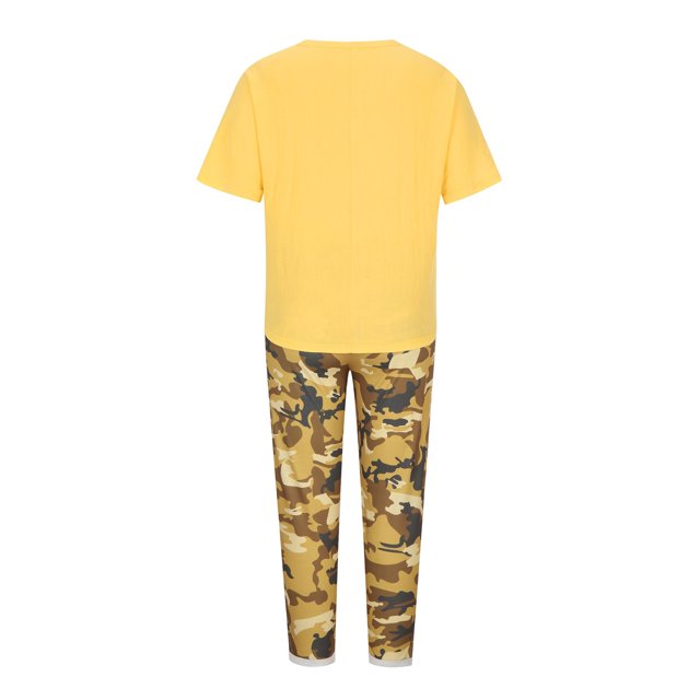 Mikilon Ensemble de Détente Confortable pour Femmes 2 Pcs Imprimé Décontracté Manches Moyennes Col Rond + Pantalon Jaune-A 2TG