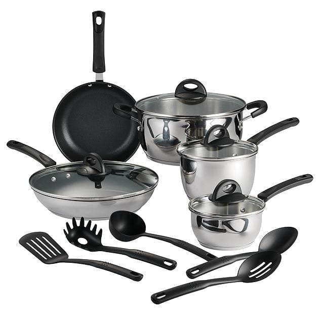 Tramontina Everyday 14 Pc Stainless Steel Tri-Ply Base Cookware Set with mirror-polished stainless steel pots and pans, black bakelite handles, tri-ply base for even heat distribution, two fry pans with reinforced nonstick interiors, three covered saucepans, jumbo cooker, Dutch oven, and five black kitchen utensils, compatible with gas, electric, and ceramic cooktops.