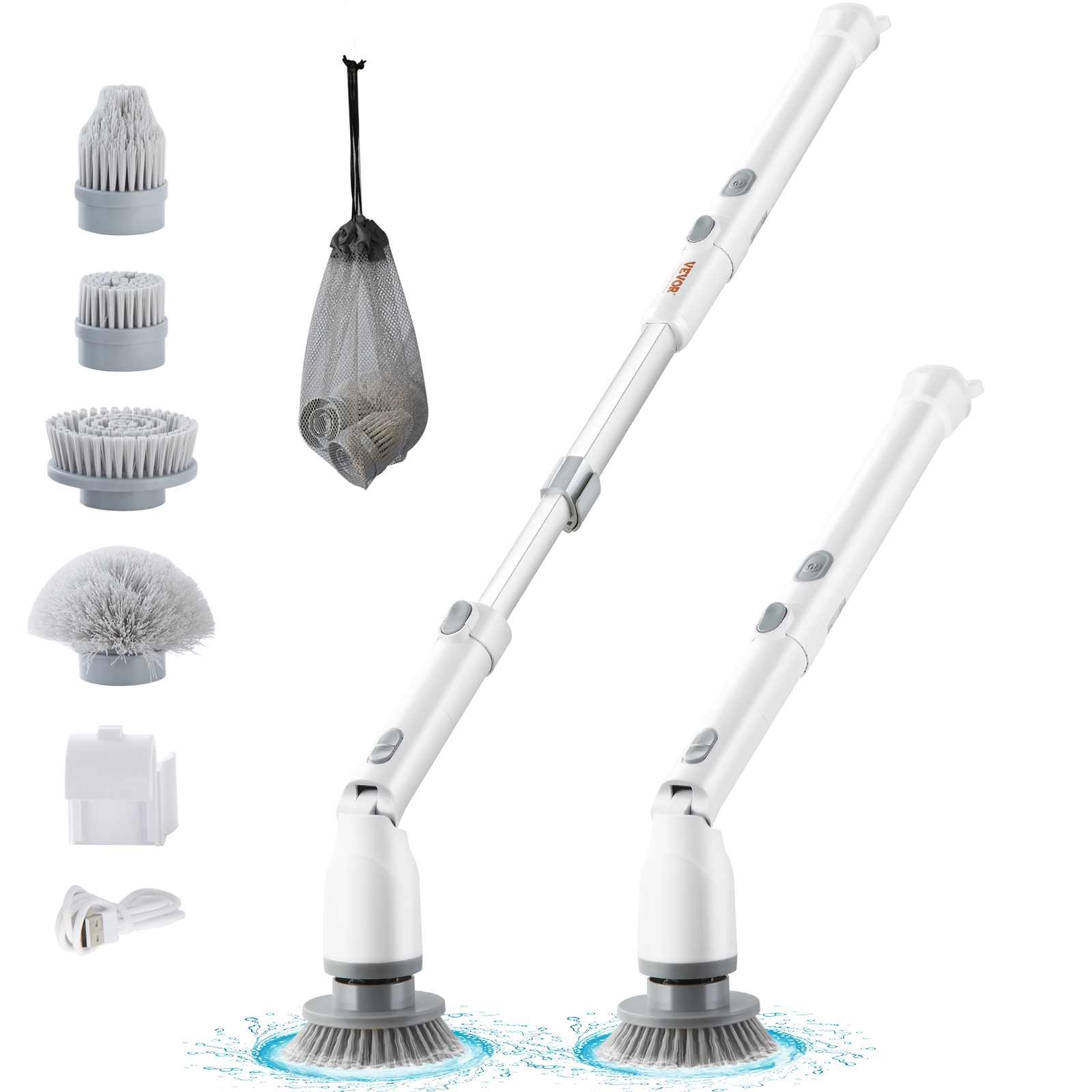 VEVOR Brosse Électrique Rotative, Brosse de Nettoyage Sans Fil avec 2 Vitesses Réglables et Manche Long Extensible, Autonomie de 1,5h Brosse de Douche Électrique avec 4 Têtes de Brosse Remplaçables pour Salle de Bain, Baignoire, Carrelage