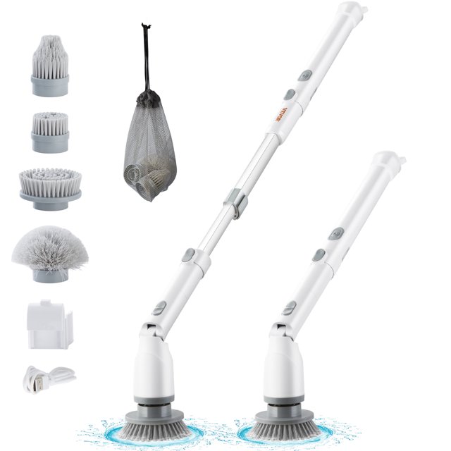 VEVOR Brosse Électrique Rotative, Brosse de Nettoyage Sans Fil avec 2 Vitesses Réglables et Manche Long Extensible, Autonomie de 1,5h Brosse de Douche Électrique avec 4 Têtes de Brosse Remplaçables pour Salle de Bain, Baignoire, Carrelage