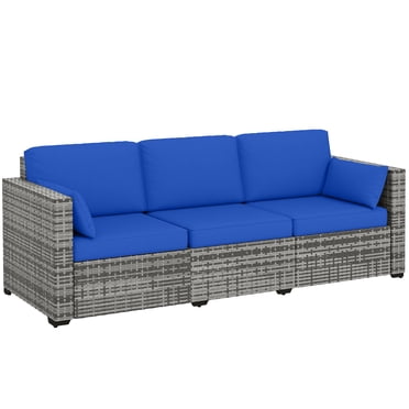 Outsunny Sofa d'Extérieur avec Coussins, Canapé de Patio en Rotin PE, Bleu