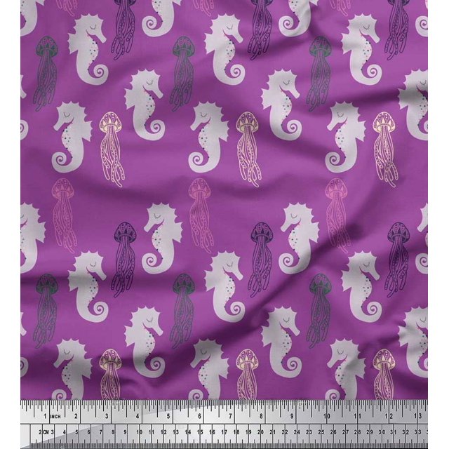 Soimoi Modal Satin Fabric Jellyfish & Seahorse Ocean Fabric Prints by Yard 42 Inch Wide