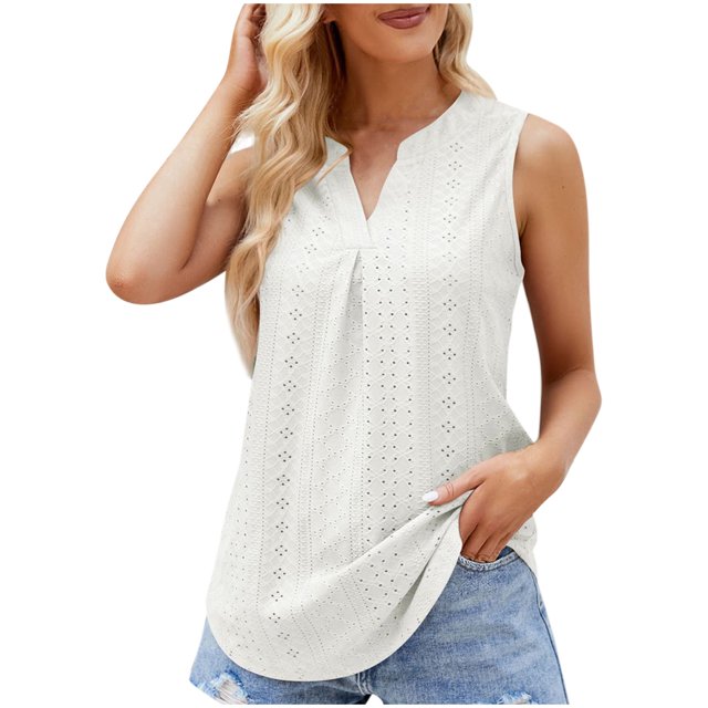 Timegard Womens Tank Tops Eyelet V Neck Ruched Tunic Tops Summer Beach Dressy Casual Solid Color Tee