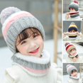 thumbnail image 2 of MesaSe 2 Pcs/Set Kids Winter Hat Scarf Set Plush Knitting No Brim Fur Ball Decoration Contrasting Color Cold-proof Thick Neck Protection Baby Bonnet Scarf Set for Daily Wear, 2 of 10