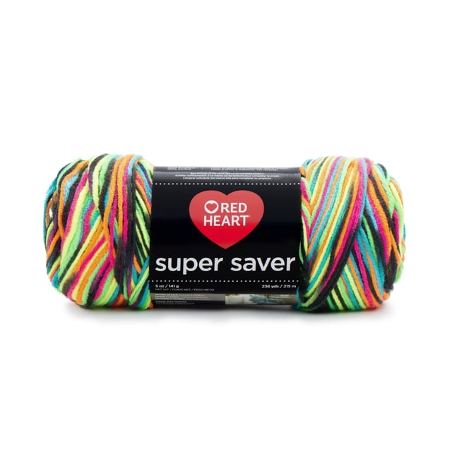 Red Heart® Super Saver® Fil, Imprimés, Acrylique #4 Moyen, 5oz/142g, 236 Yards, Écheveau de Fil Acrylique Multicolore de Poids Moyen avec Motif Rayé vibrant en Jaune, Rose, Vert, Bleu, orange et Noir, Convient au Tricot, au Crochet et aux Projets d'Artisanat.