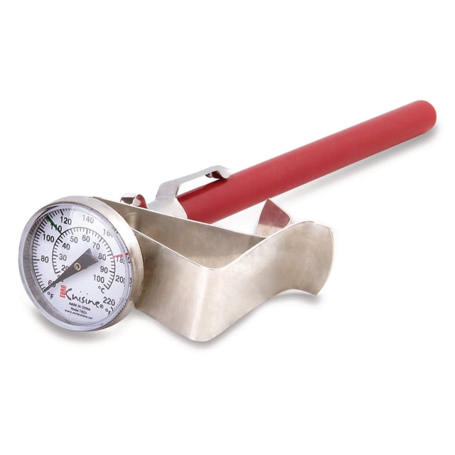 Euro Cuisine, TM26, Stainless Steel Thermometer with a 1-inch round dial displaying temperatures from 60 to 220 degrees Fahrenheit, featuring a red handle and 5-inch stainless steel stem with probe holder, suitable for cooking and kitchen use.