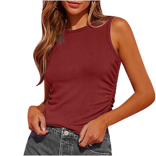 Timegard Womens Going out Tank Tops Ribbed Crew Neck Side Ruched Comfy Casual Sleeveless Tops Basic Tee