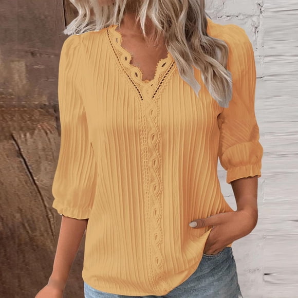 3/4 Sleeve Womens Tops Women 3/4 Sleeve Tops Summer Plus Size Tops Clearance Womens Tops Casual Work Outfits for Women Workout Shirts, V Neck, Yellow