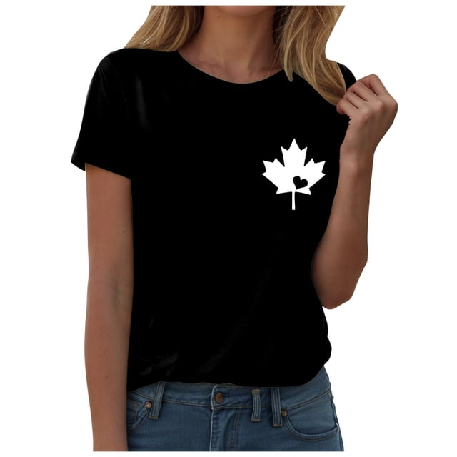 WEIYLL Women's T Shirts Canada Maple Leaf Print Proud Statement Black Tops Sizes M