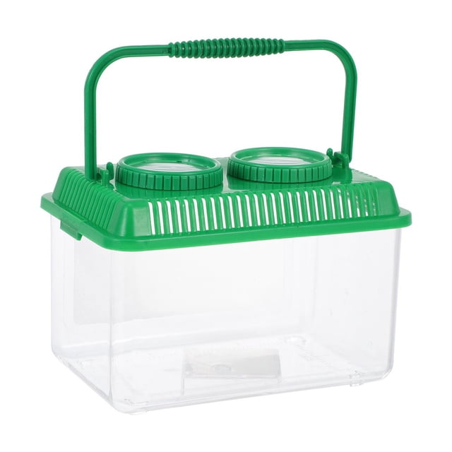 EIGTHTAIL Insect Observation Box Transparent Bug Case for Kids, a clear plastic jar with a green lid and handle. The lid features two magnifying glass covers for detailed insect observation, making it ideal for STEM science exploration, biology toys, and nature collection activities.