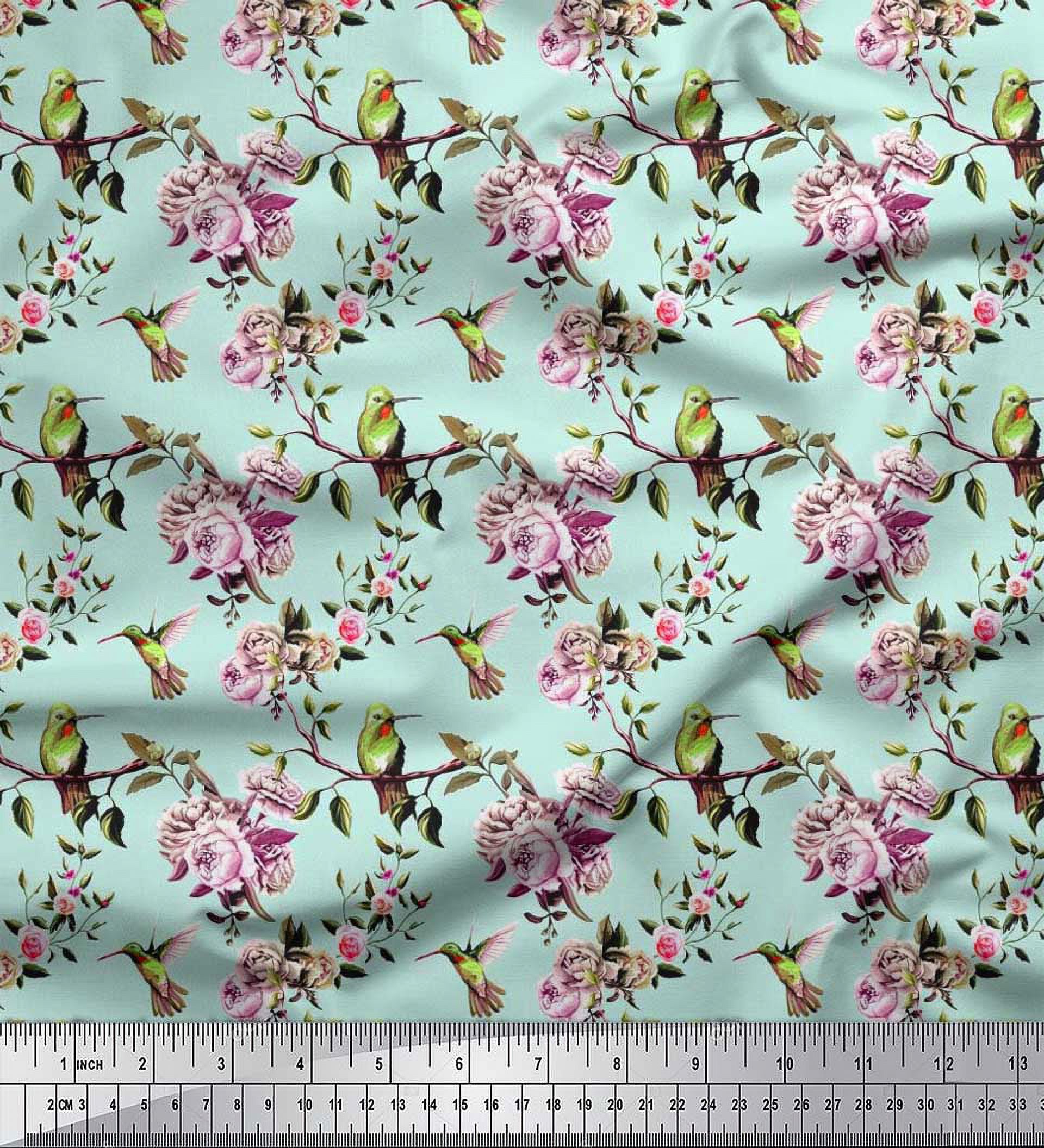 Soimoi Moss Georgette Fabric Hummingbird,Leaves & Rose Floral Decor Fabric Printed Yard 42 Inch Wide