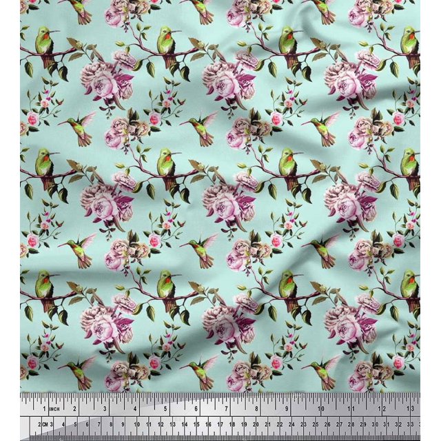 Soimoi Moss Georgette Fabric Hummingbird,Leaves & Rose Floral Decor Fabric Printed Yard 42 Inch Wide