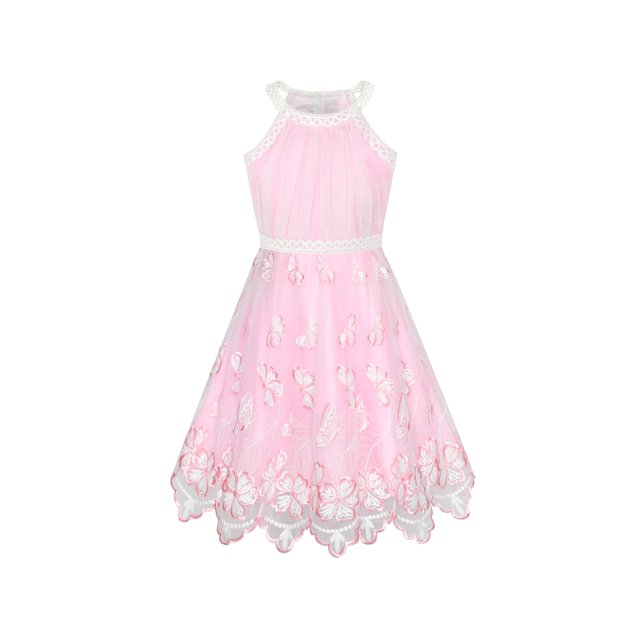 Robe Fille Rose Papillon Brodé Robe Dos Nu Fête 5 Ans