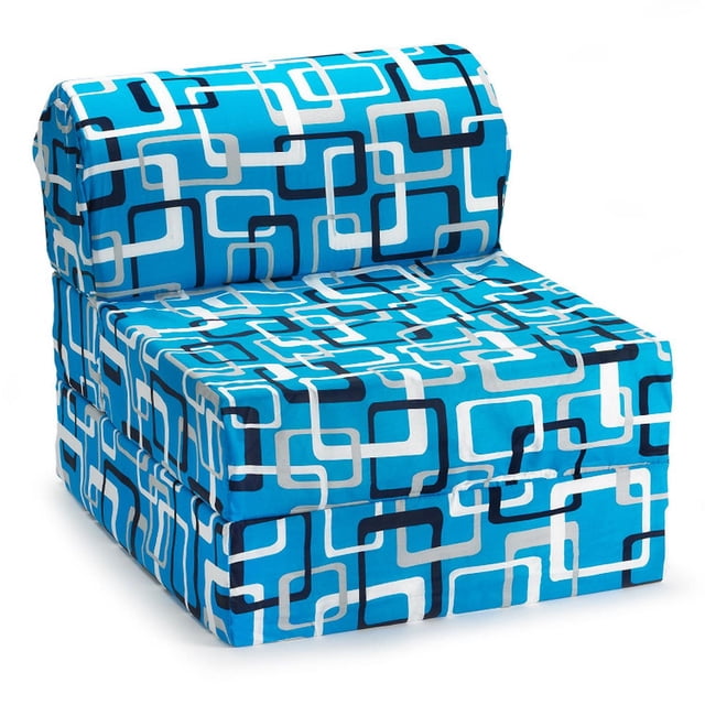 ComfyKids® 2-in-1 Flip Chair in blue with interlocking white, navy, and gray squares, shown folded as a cushioned chair, designed for living room seating and easy conversion to a fold-out bed, suitable for kids' rooms and sleepovers.