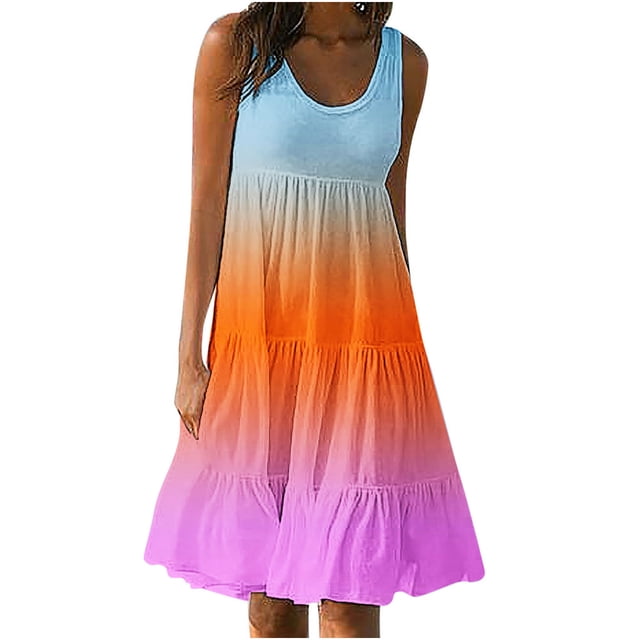 AherBiu Robe de Plage Grande Taille pour Femmes, Robe d'Été à Dégradé de Couleurs, Froncée, à Volants, Fluide, Midi, Style Camisole
