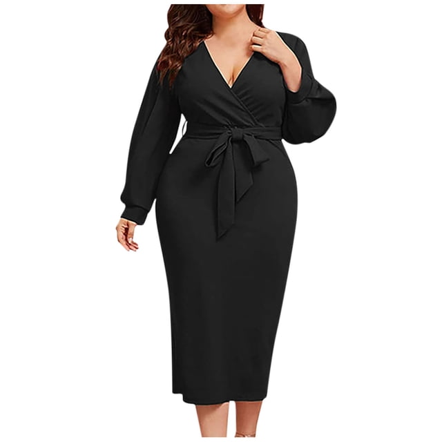 CEHVOM Robe Décontractée pour Femmes, Unie, Ample, à Ourlet Volanté, à Fermeture Éclair, à Manches Longues, à Col en V, en Solde