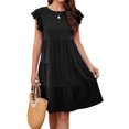 thumbnail image 1 of Femmes Été Volant Manches Mini Robe Couleur Unie Décontractée Flowy Swing une Ligne Plissé Plage Robe de Soleil, 1 of 7