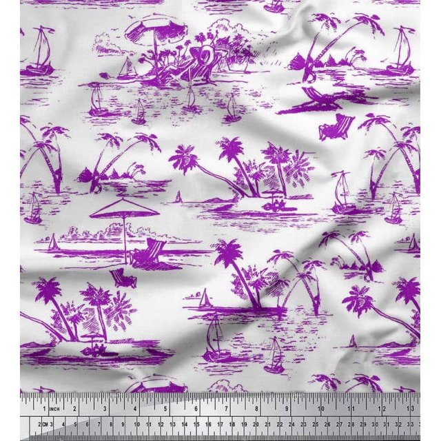 Soimoi Polyester Crepe Fabric Chair,Palm Tree & Yacht Beach Print Fabric by The Yard 52 Inch Wide