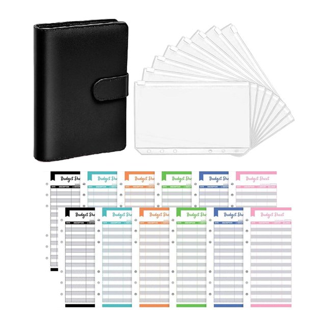 Wweixi PU Leather Notebook Binder Clear Binder Budget Pockets Envelope Black