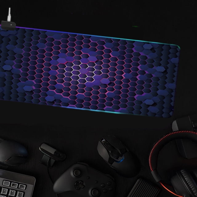 Dvkptbk Illuminated Mouse Pad Gaming Gaming Led Phantom Computer Pad Rgb Keyboard Pad Mouse Pad with 14 kinds of phantom light modes. The pad features a hexagonal pattern with vibrant RGB lighting effects, made of rubber and cloth for durability. It measures 31.5 x 11 inches and includes a non-slip natural rubber base for stability. Suitable for gaming or office use, it can also function as a keyboard pad.